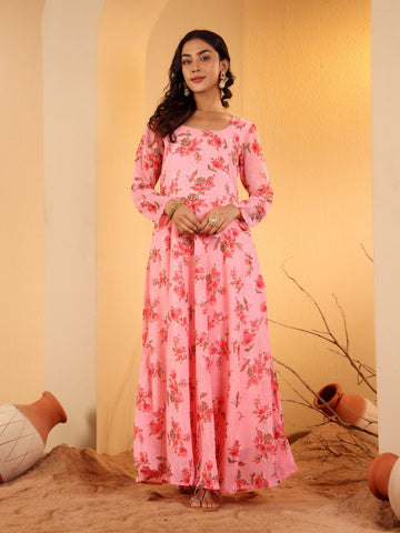 Varanga Women Pink Floral Printed Anarkali Kurta Paired With Solid Dupatta